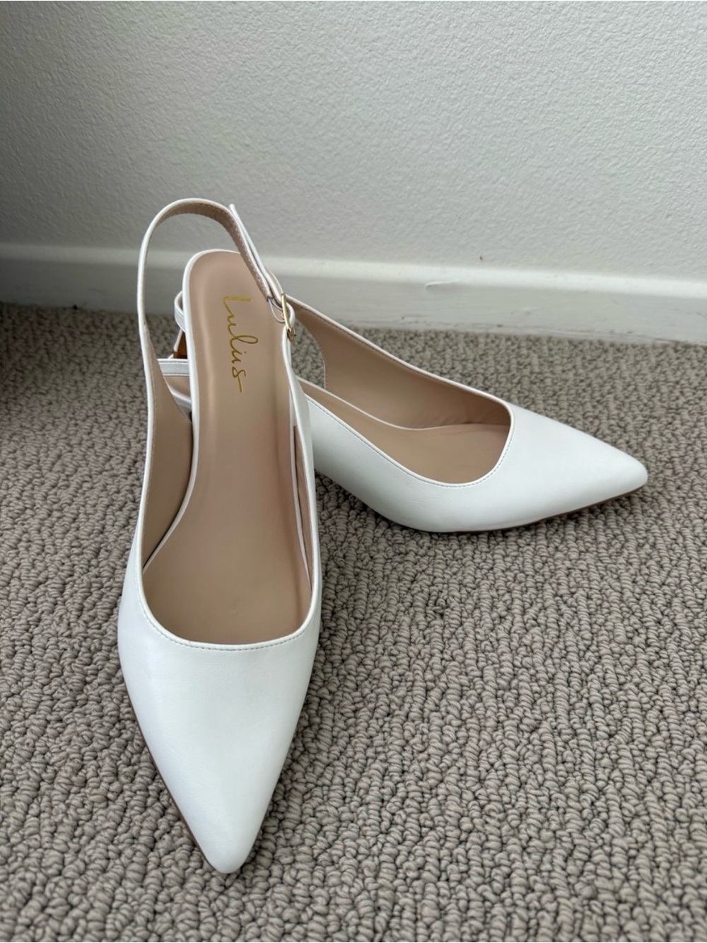 Lulu's White Pointed Slingback Pumps with Low Block Heel